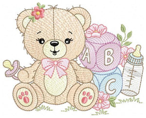 Baby girl Bear with toys embroidery designs - Female Bear with pacifier and flowers embroidery machine embroidery pattern - instant download