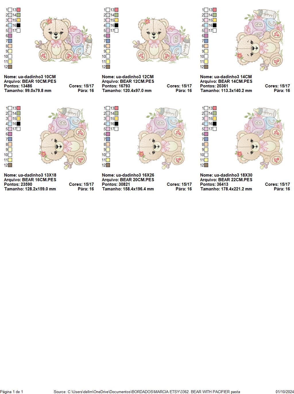 Baby girl Bear with toys embroidery designs - Female Bear with pacifier and flowers embroidery machine embroidery pattern - instant download