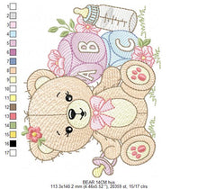 Laden Sie das Bild in den Galerie-Viewer, Baby girl Bear with toys embroidery designs - Female Bear with pacifier and flowers embroidery machine embroidery pattern - instant download
