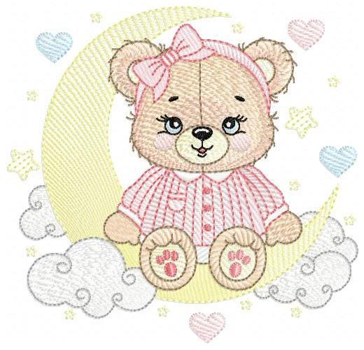 Girl Bear with pajamas embroidery designs - Moon embroidery design machine embroidery pattern - Female teddy bear - instant download pes jef