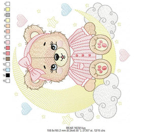 Girl Bear with pajamas embroidery designs - Moon embroidery design machine embroidery pattern - Female teddy bear - instant download pes jef