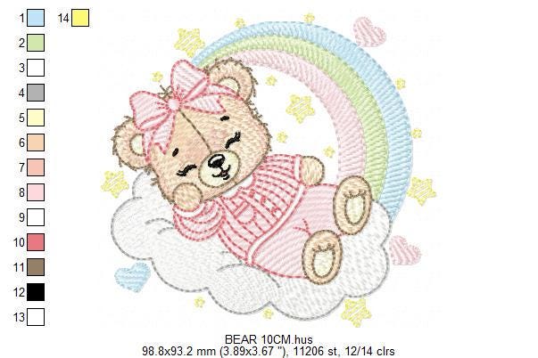 Sleeping Bear embroidery designs - Baby girl embroidery design machine embroidery pattern - Rainbow Pajamas Teddy bear - instant download