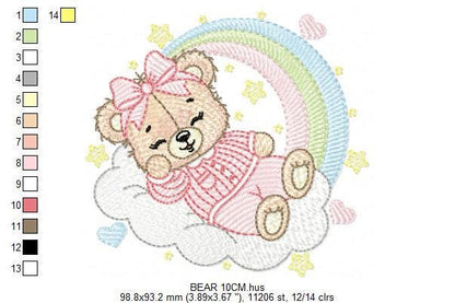 Sleeping Bear embroidery designs - Baby girl embroidery design machine embroidery pattern - Rainbow Pajamas Teddy bear - instant download