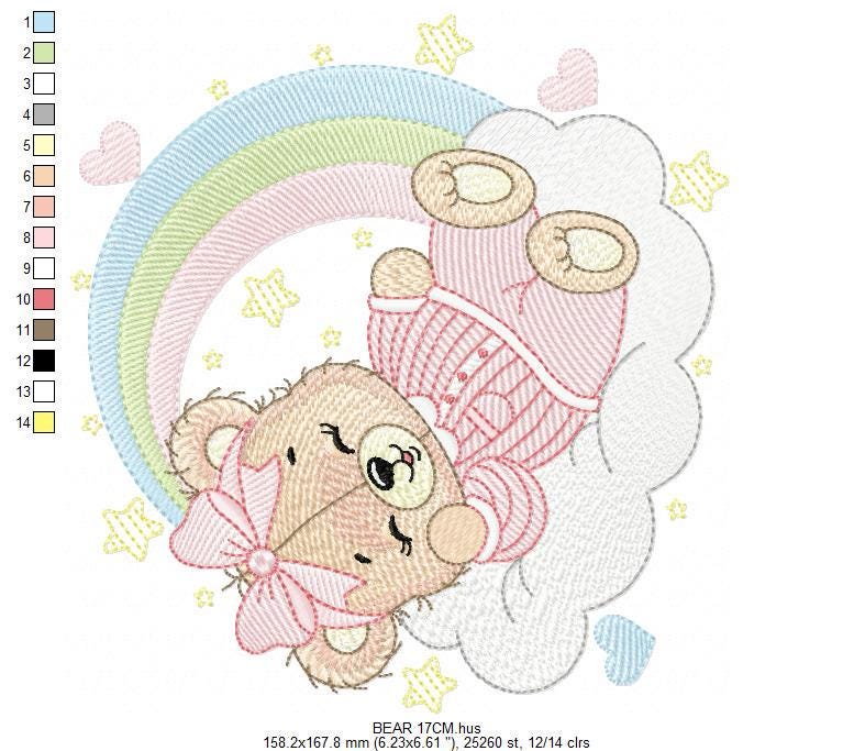 Sleeping Bear embroidery designs - Baby girl embroidery design machine embroidery pattern - Rainbow Pajamas Teddy bear - instant download