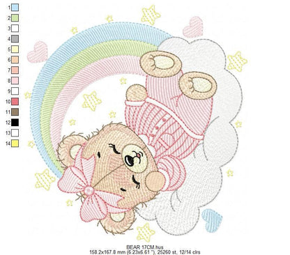 Sleeping Bear embroidery designs - Baby girl embroidery design machine embroidery pattern - Rainbow Pajamas Teddy bear - instant download