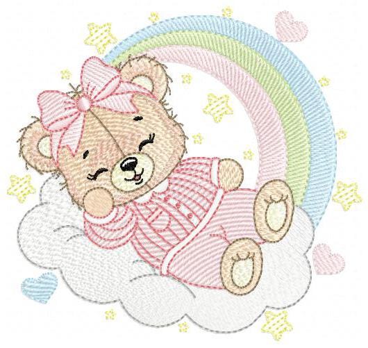 Sleeping Bear embroidery designs - Baby girl embroidery design machine embroidery pattern - Rainbow Pajamas Teddy bear - instant download