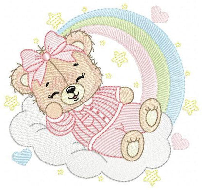 Sleeping Bear embroidery designs - Baby girl embroidery design machine embroidery pattern - Rainbow Pajamas Teddy bear - instant download