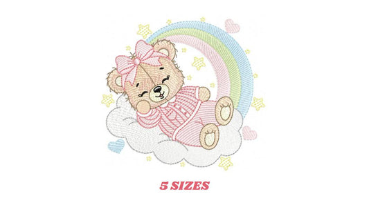 Sleeping Bear embroidery designs - Baby girl embroidery design machine embroidery pattern - Rainbow Pajamas Teddy bear - instant download