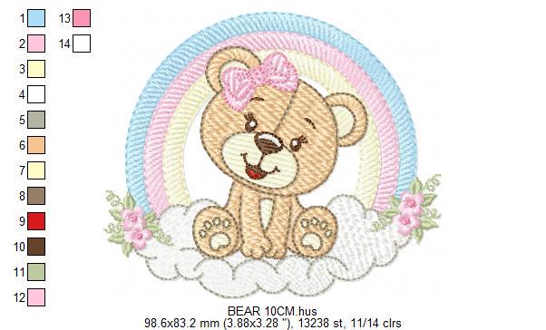 Bear with rainbow embroidery designs - Female Teddy with lace and flowers embroidery design machine embroidery pattern - instant download