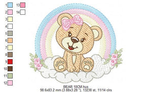 Bear with rainbow embroidery designs - Female Teddy with lace and flowers embroidery design machine embroidery pattern - instant download