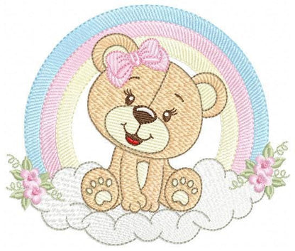 Bear with rainbow embroidery designs - Female Teddy with lace and flowers embroidery design machine embroidery pattern - instant download