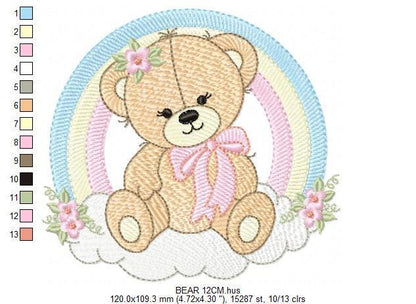 Female Bear with rainbow embroidery designs - Girl Teddy with flowers lace embroidery design machine embroidery pattern - instant download