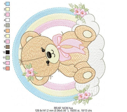 Female Bear with rainbow embroidery designs - Girl Teddy with flowers lace embroidery design machine embroidery pattern - instant download