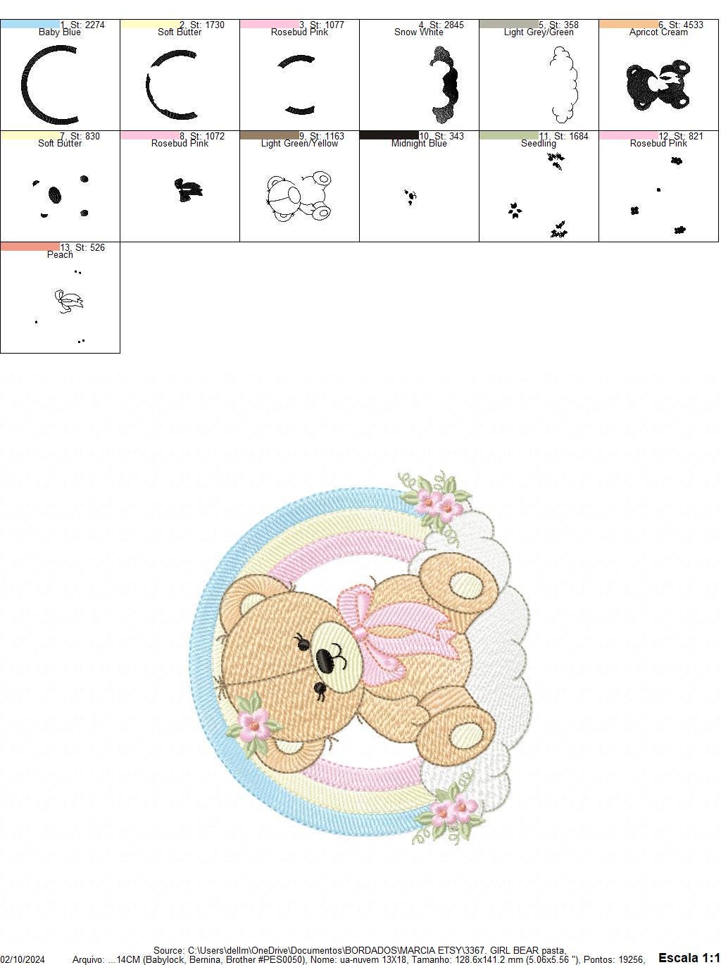Female Bear with rainbow embroidery designs - Girl Teddy with flowers lace embroidery design machine embroidery pattern - instant download