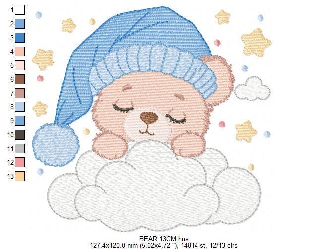 Sleeping Bear embroidery designs - Baby Bear with hat embroidery design machine embroidery pattern -Bear with cloud - instant download pes