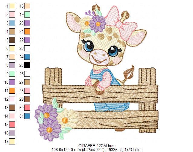 Giraffe embroidery designs - Safari animal embroidery design machine embroidery pattern - Giraffe with flowers and fence - instant download