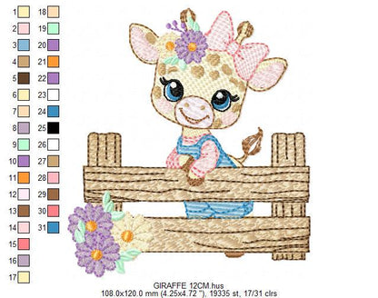 Giraffe embroidery designs - Safari animal embroidery design machine embroidery pattern - Giraffe with flowers and fence - instant download