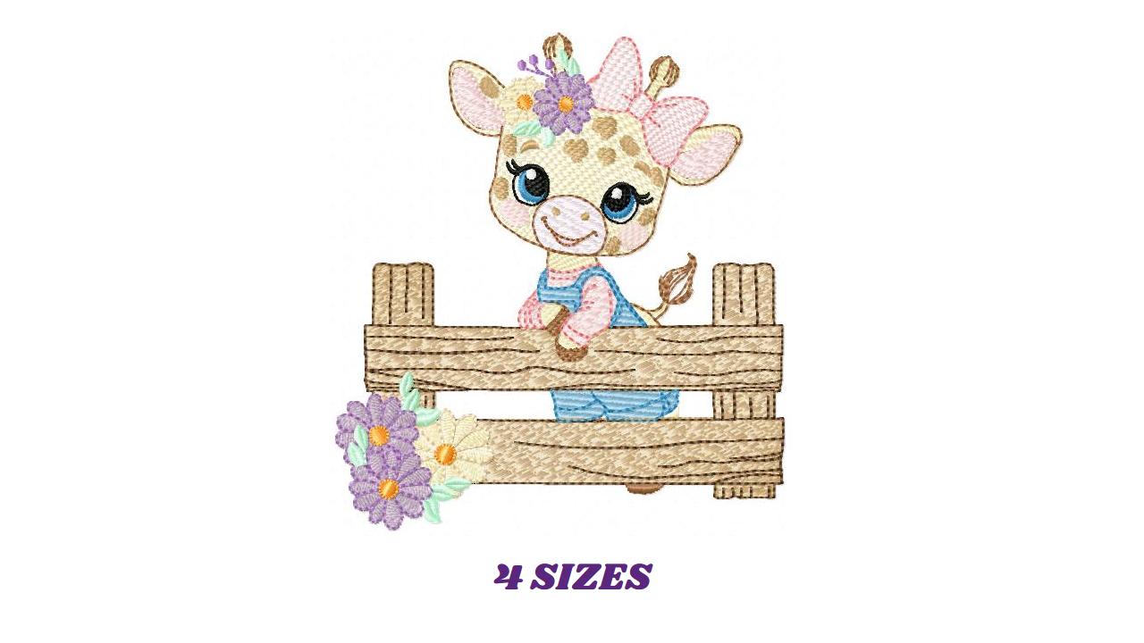 Giraffe embroidery designs - Safari animal embroidery design machine embroidery pattern - Giraffe with flowers and fence - instant download