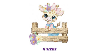 Giraffe embroidery designs - Safari animal embroidery design machine embroidery pattern - Giraffe with flowers and fence - instant download