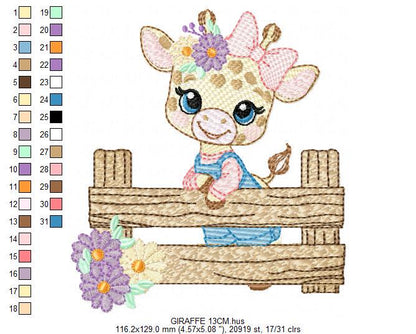 Giraffe embroidery designs - Safari animal embroidery design machine embroidery pattern - Giraffe with flowers and fence - instant download