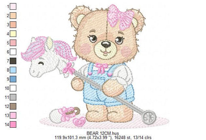 Bear with toy horse embroidery designs - Baby girl embroidery design machine embroidery pattern - Bear with lace - instant download jef pes