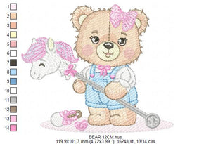 Bear with toy horse embroidery designs - Baby girl embroidery design machine embroidery pattern - Bear with lace - instant download jef pes