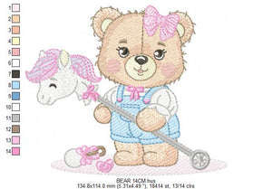 Bear with toy horse embroidery designs - Baby girl embroidery design machine embroidery pattern - Bear with lace - instant download jef pes