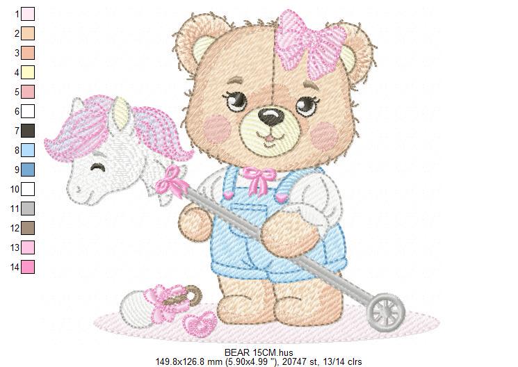 Bear with toy horse embroidery designs - Baby girl embroidery design machine embroidery pattern - Bear with lace - instant download jef pes