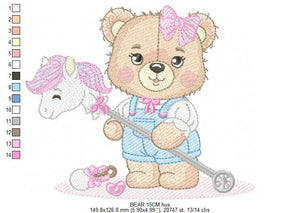 Bear with toy horse embroidery designs - Baby girl embroidery design machine embroidery pattern - Bear with lace - instant download jef pes