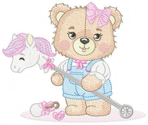 Bear with toy horse embroidery designs - Baby girl embroidery design machine embroidery pattern - Bear with lace - instant download jef pes