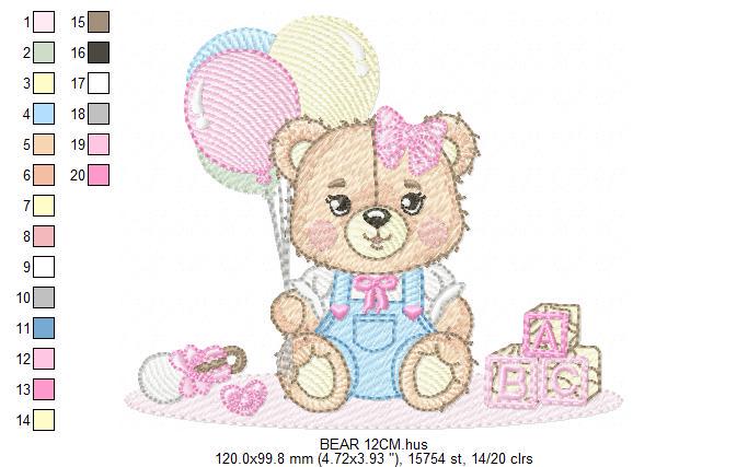 Birthday Bear with balloons embroidery designs - Baby Girl Bear with toys embroidery design machine embroidery pattern - Instant download