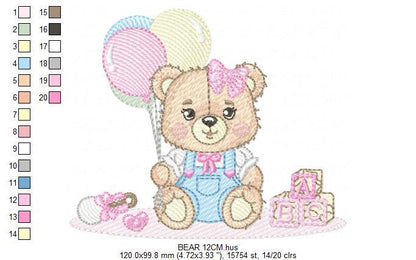 Birthday Bear with balloons embroidery designs - Baby Girl Bear with toys embroidery design machine embroidery pattern - Instant download