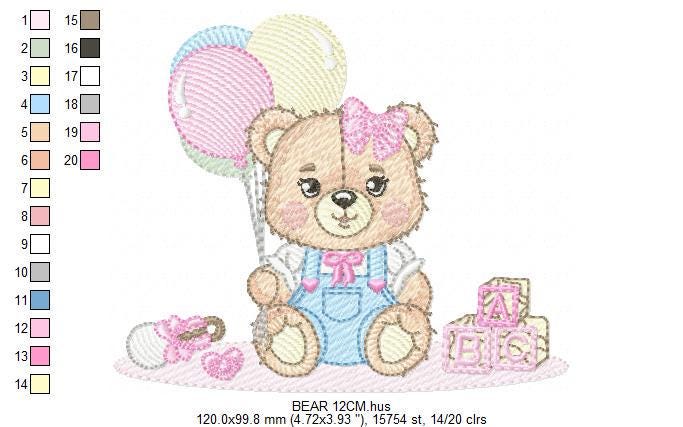 Birthday Bear with balloons embroidery design - Baby Girl Bear with toys machine embroidery pattern - Baby girl file - Instant digital download pes jef dst