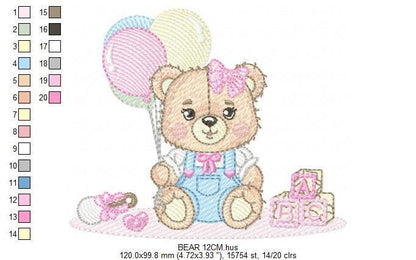 Birthday Bear with balloons embroidery design - Baby Girl Bear with toys machine embroidery pattern - Baby girl file - Instant digital download pes jef dst