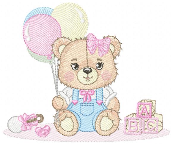 Birthday Bear with balloons embroidery designs - Baby Girl Bear with toys embroidery design machine embroidery pattern - Instant download