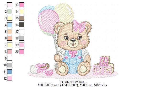 Birthday Bear with balloons embroidery designs - Baby Girl Bear with toys embroidery design machine embroidery pattern - Instant download