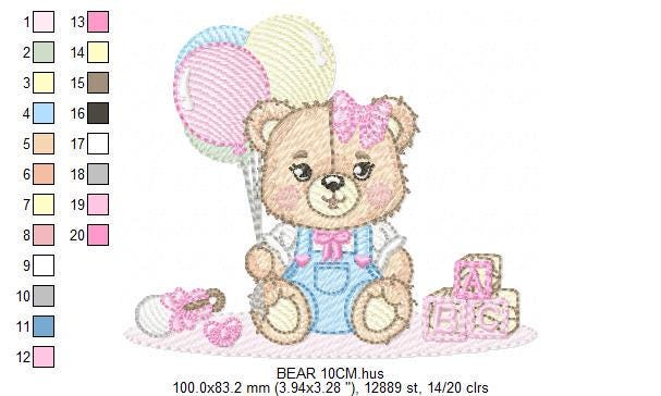 Birthday Bear with balloons embroidery design - Baby Girl Bear with toys machine embroidery pattern - Baby girl file - Instant digital download pes jef dst