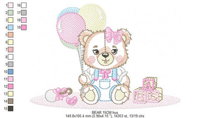 Bear with balloons embroidery designs - Teddy bear with toys embroidery design machine embroidery pattern - Baby party - Instant download