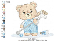 Load image into Gallery viewer, Bear with toy horse embroidery designs - Baby boy embroidery design machine embroidery pattern - Male Bear with tie - instant download pes
