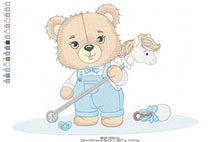 Load image into Gallery viewer, Bear with toy horse embroidery designs - Baby boy embroidery design machine embroidery pattern - Male Bear with tie - instant download pes
