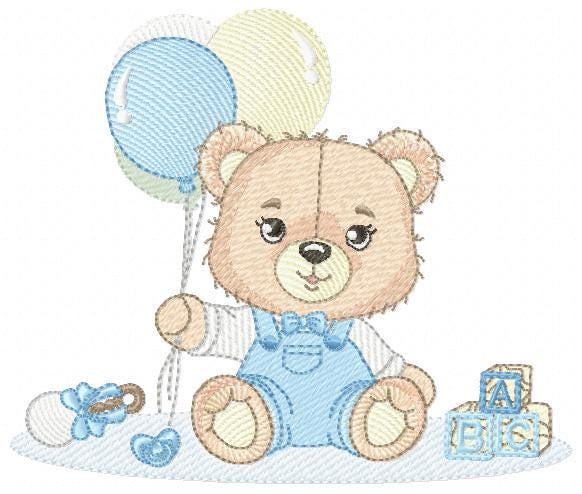 Party Bear with toys embroidery designs - Baby Boy Bear with balloons embroidery design machine embroidery pattern - instant download pes