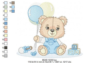Party Bear with toys embroidery designs - Baby Boy Bear with balloons embroidery design machine embroidery pattern - instant download pes