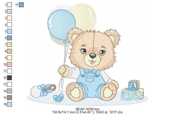 Party Bear with toys embroidery designs - Baby Boy Bear with balloons embroidery design machine embroidery pattern - instant download pes