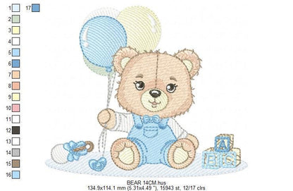 Party Bear with toys embroidery designs - Baby Boy Bear with balloons embroidery design machine embroidery pattern - instant download pes