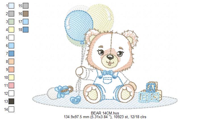 Bear playing with toys embroidery designs - Boy bear with balloons embroidery design machine embroidery pattern - instant download pes jef