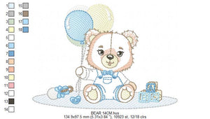 Bear playing with toys embroidery designs - Boy bear with balloons embroidery design machine embroidery pattern - instant download pes jef