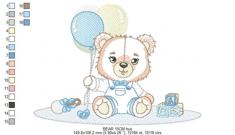 Bear playing with toys embroidery designs - Boy bear with balloons embroidery design machine embroidery pattern - instant download pes jef