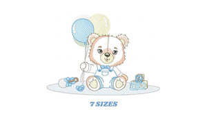 Bear playing with toys embroidery designs - Boy bear with balloons embroidery design machine embroidery pattern - instant download pes jef