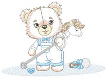 Load image into Gallery viewer, Bear playing with toys embroidery designs - Boy Bear with horse embroidery design machine embroidery pattern - instant download pes jef dst
