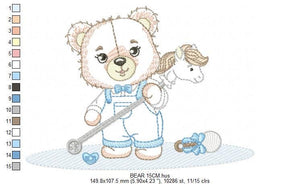 Bear playing with toys embroidery designs - Boy Bear with horse embroidery design machine embroidery pattern - instant download pes jef dst